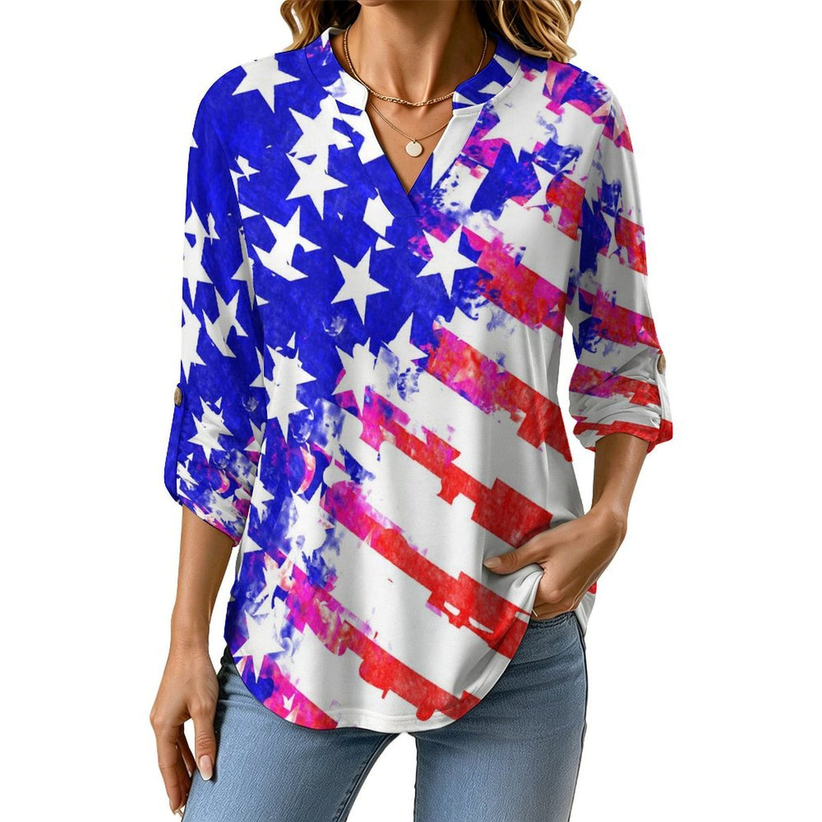 Stand-up Collar Long-sleeved Shirt Blue And Red,United States  Customization Women’s V-Neck Blouses,long Sleeve,Roll-Up Sleeve Shirt