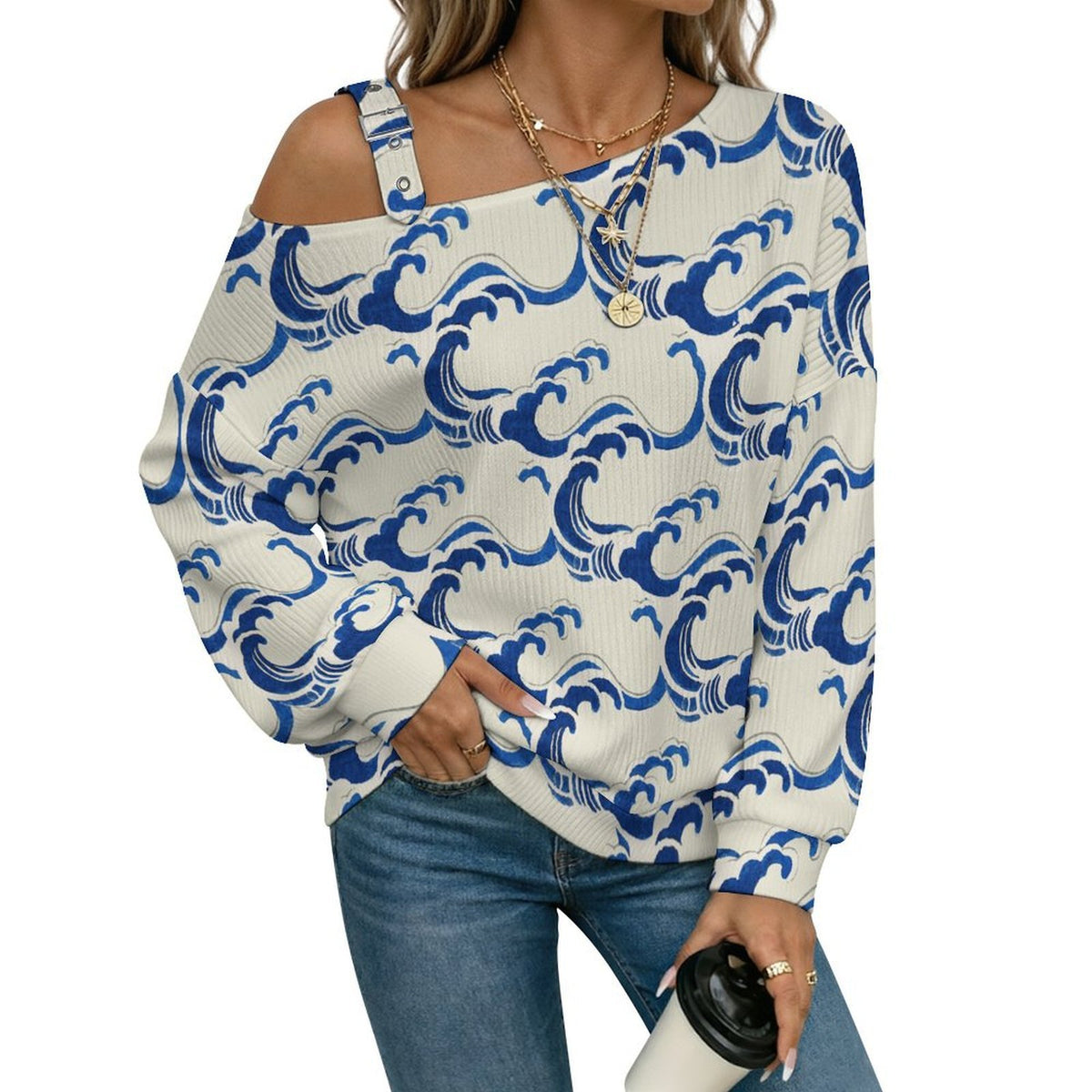 Women’s Off-Shoulder Knit Sweater Retro Wave Background