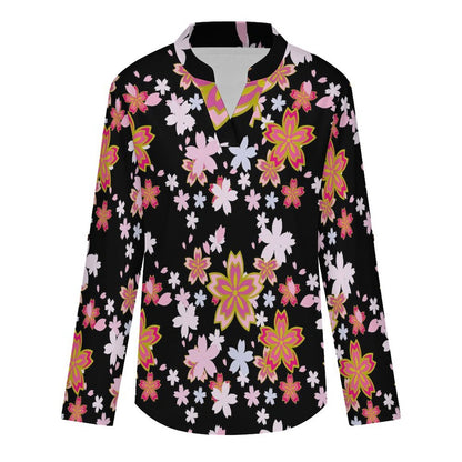 Stand-up Collar Long-sleeved Shirt Black, Pink Cherry Blossoms  Customization Women’s V-Neck Blouses,long Sleeve,Roll-Up Sleeve Shirt