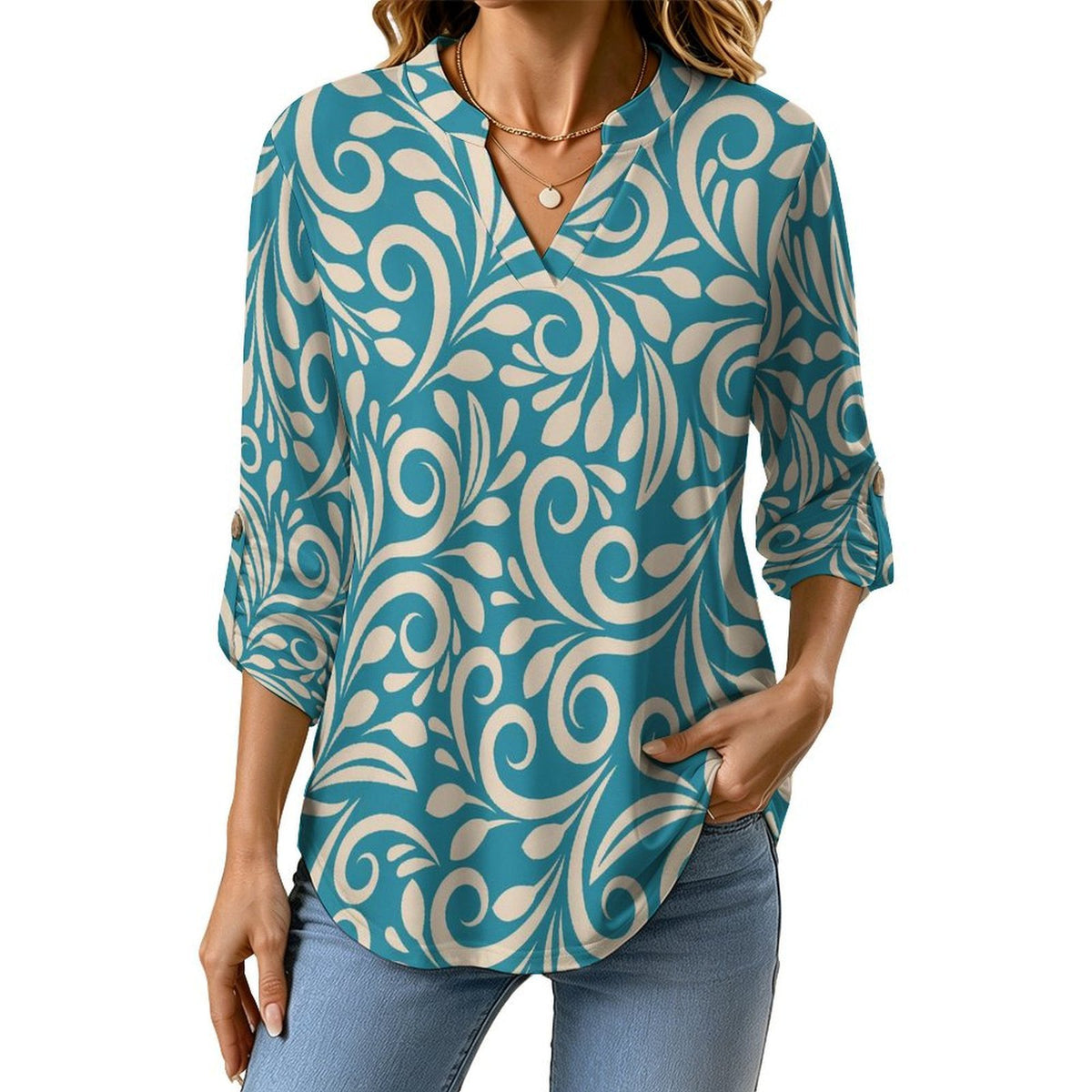 Stand-up Collar Long-sleeved Shirt Blue Totem, Background  Customization Women’s V-Neck Blouses,long Sleeve,Roll-Up Sleeve Shirt