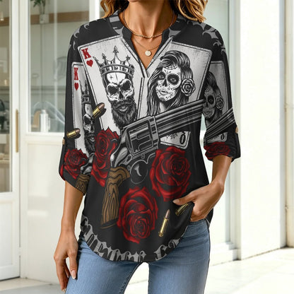 Stand-up Collar Long-sleeved Shirt Halloween, Poker, Skeletons  Customization Women’s V-Neck Blouses,long Sleeve,Roll-Up Sleeve Shirt