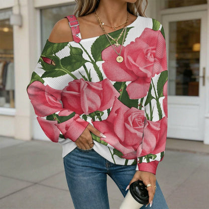Off-the-shoulder Sweater Chinese Rose  Asymmetric Cold Shoulder Knit Sweater for Women, Adjustable Buckle Strap Long Sleeve Casual Slouchy Pullover