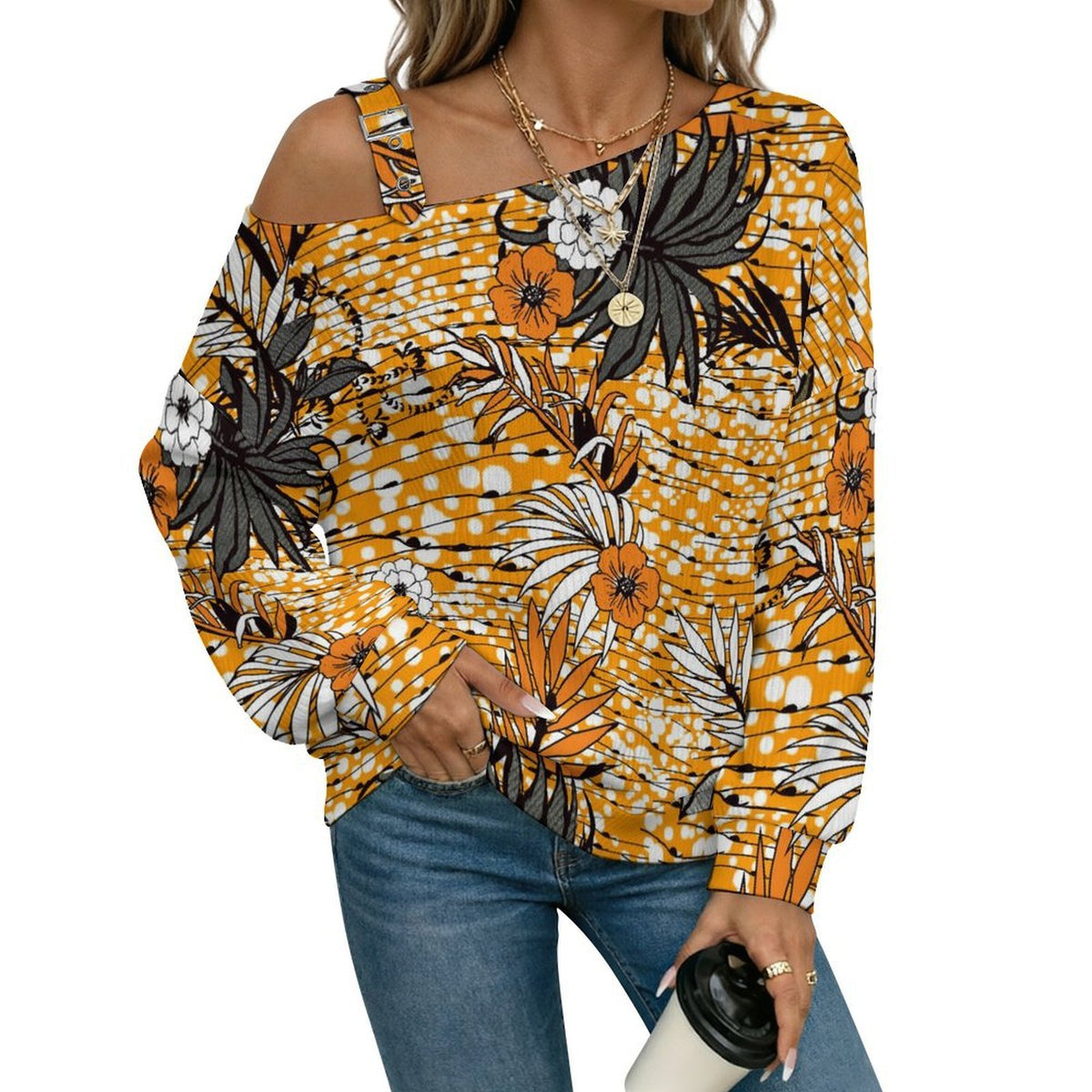 Yellow Flower Pattern Buckle Strap Asymmetrical Off Shoulder Knit Sweater