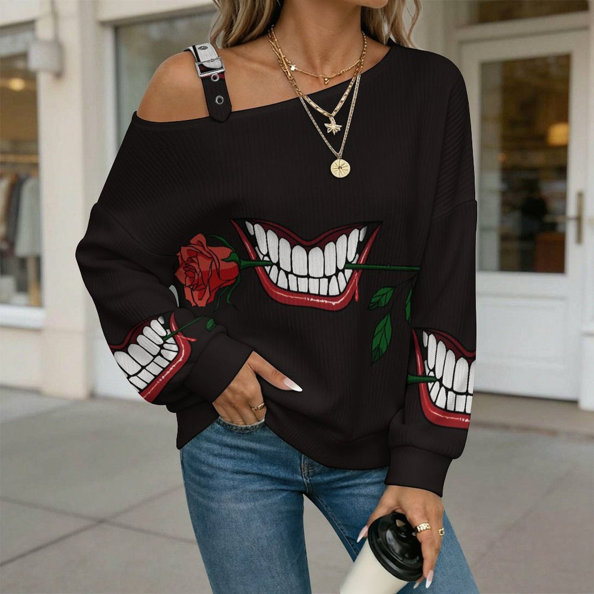 Off-the-shoulder Sweater Mouth Blood Rose Teeth  Asymmetric Cold Shoulder Knit Sweater for Women, Adjustable Buckle Strap Long Sleeve Casual Slouchy Pullover