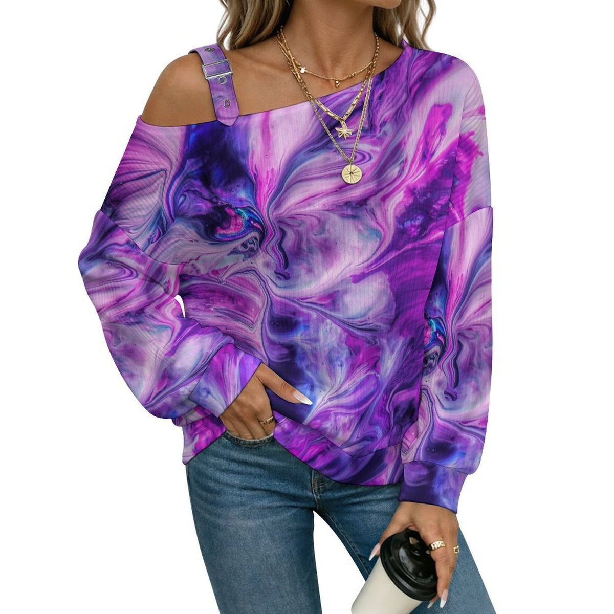 Off-the-shoulder Sweater Purple Water Ripple  Asymmetric Cold Shoulder Knit Sweater for Women, Adjustable Buckle Strap Long Sleeve Casual Slouchy Pullover
