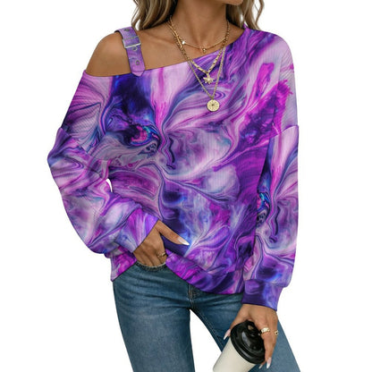 Off-the-shoulder Sweater Purple Water Ripple  Asymmetric Cold Shoulder Knit Sweater for Women, Adjustable Buckle Strap Long Sleeve Casual Slouchy Pullover