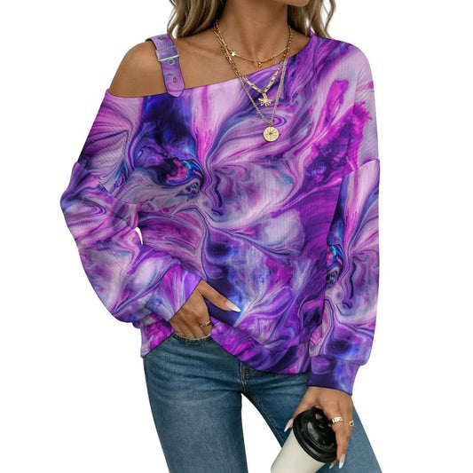 Off-the-shoulder Sweater Purple Water Ripple  Asymmetric Cold Shoulder Knit Sweater for Women, Adjustable Buckle Strap Long Sleeve Casual Slouchy Pullover