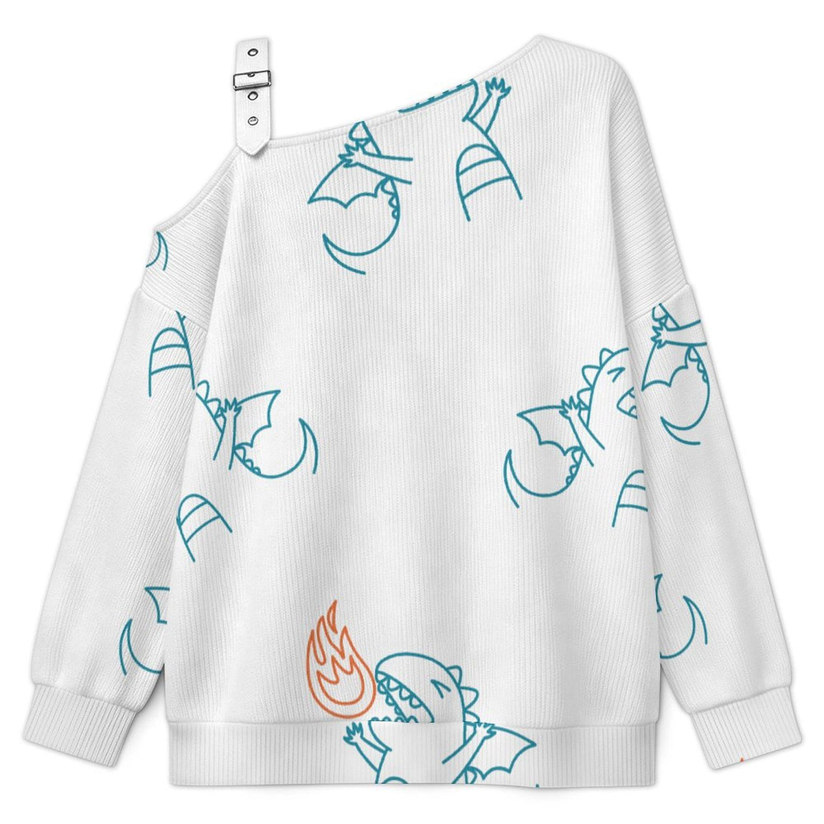 Off-the-shoulder Sweater Fire Breathing Little Monster Tile Decorative Pattern  Asymmetric Cold Shoulder Knit Sweater for Women, Adjustable Buckle Strap Long Sleeve Casual Slouchy Pullover