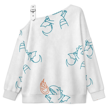 Off-the-shoulder Sweater Fire Breathing Little Monster Tile Decorative Pattern  Asymmetric Cold Shoulder Knit Sweater for Women, Adjustable Buckle Strap Long Sleeve Casual Slouchy Pullover