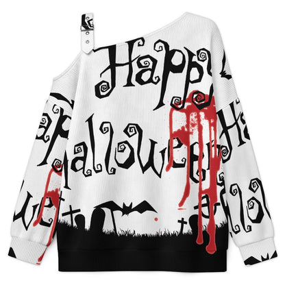 Off-the-shoulder Sweater Halloween Ghosts, Bats  Asymmetric Cold Shoulder Knit Sweater for Women, Adjustable Buckle Strap Long Sleeve Casual Slouchy Pullover