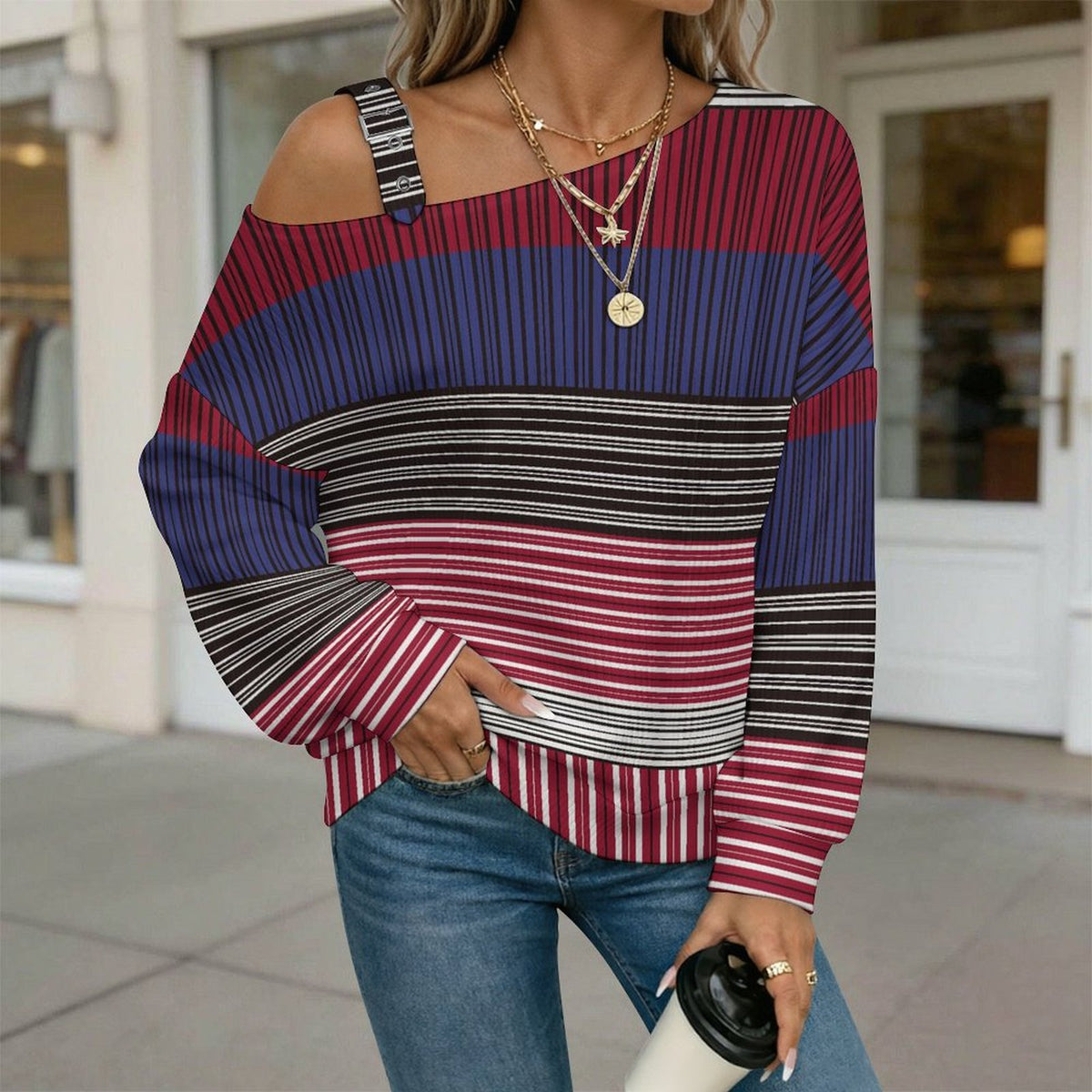 Off-the-shoulder Sweater Fashion Stripe  Asymmetric Cold Shoulder Knit Sweater for Women, Adjustable Buckle Strap Long Sleeve Casual Slouchy Pullover