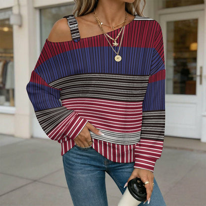Off-the-shoulder Sweater Fashion Stripe  Asymmetric Cold Shoulder Knit Sweater for Women, Adjustable Buckle Strap Long Sleeve Casual Slouchy Pullover