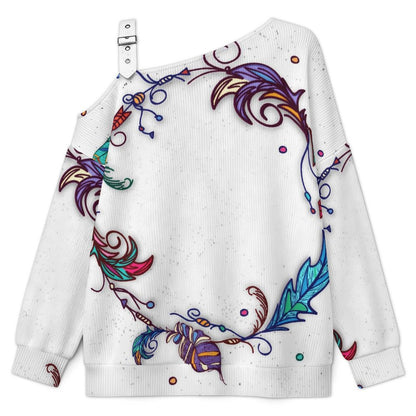 Off-the-shoulder Sweater Feathers  Asymmetric Cold Shoulder Knit Sweater for Women, Adjustable Buckle Strap Long Sleeve Casual Slouchy Pullover