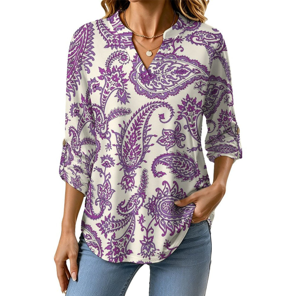 Paisley  Versatile Notched V-Neck Tunic | Roll Tab 3/4 Sleeve Office Casual Top