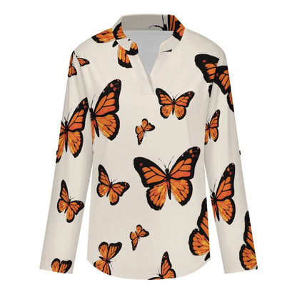Stand-up Collar Long-sleeved Shirt Butterfly Orange Patterned Women's Dress  Customization Women’s V-Neck Blouses,long Sleeve,Roll-Up Sleeve Shirt