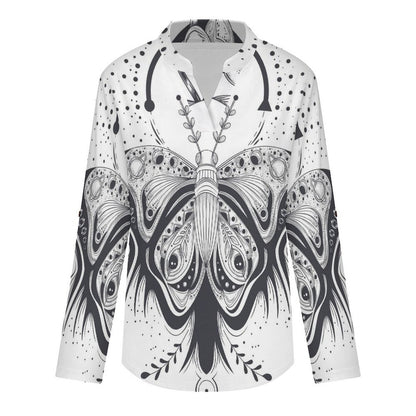 Stand-up Collar Long-sleeved Shirt Butterfly, Galaxy  Customization Women’s V-Neck Blouses,long Sleeve,Roll-Up Sleeve Shirt
