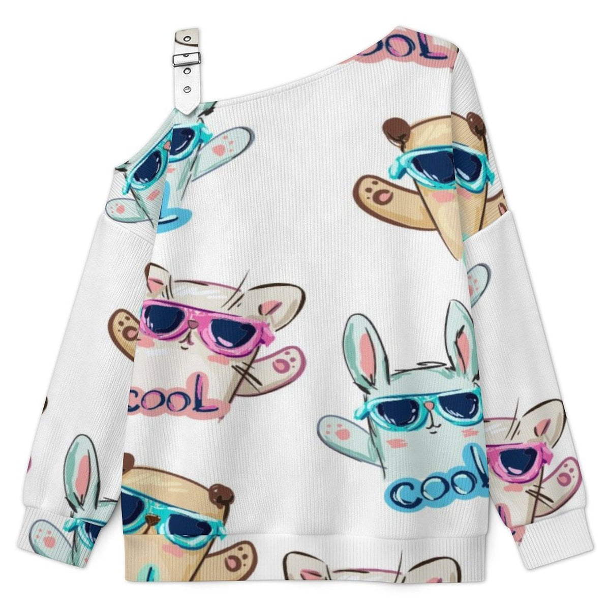 Off-the-shoulder Sweater Cartoon Animals in Glasses  Asymmetric Cold Shoulder Knit Sweater for Women, Adjustable Buckle Strap Long Sleeve Casual Slouchy Pullover
