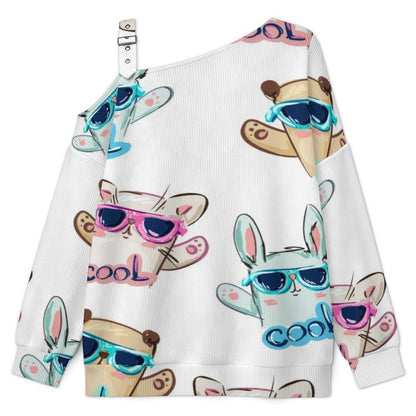 Off-the-shoulder Sweater Cartoon Animals in Glasses  Asymmetric Cold Shoulder Knit Sweater for Women, Adjustable Buckle Strap Long Sleeve Casual Slouchy Pullover