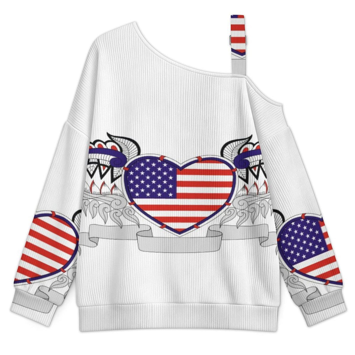 Off-the-shoulder Sweater Heart USA  Asymmetric Cold Shoulder Knit Sweater for Women, Adjustable Buckle Strap Long Sleeve Casual Slouchy Pullover