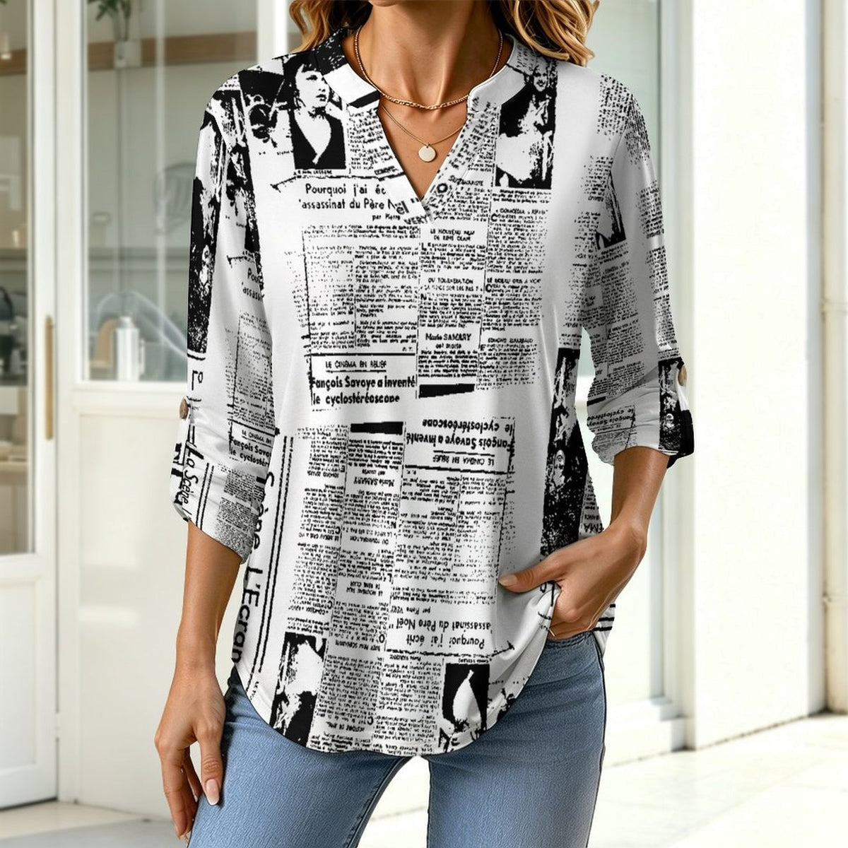 Stand-up Collar Long-sleeved Shirt Newspaper Vintage Dress  Customization Women’s V-Neck Blouses,long Sleeve,Roll-Up Sleeve Shirt