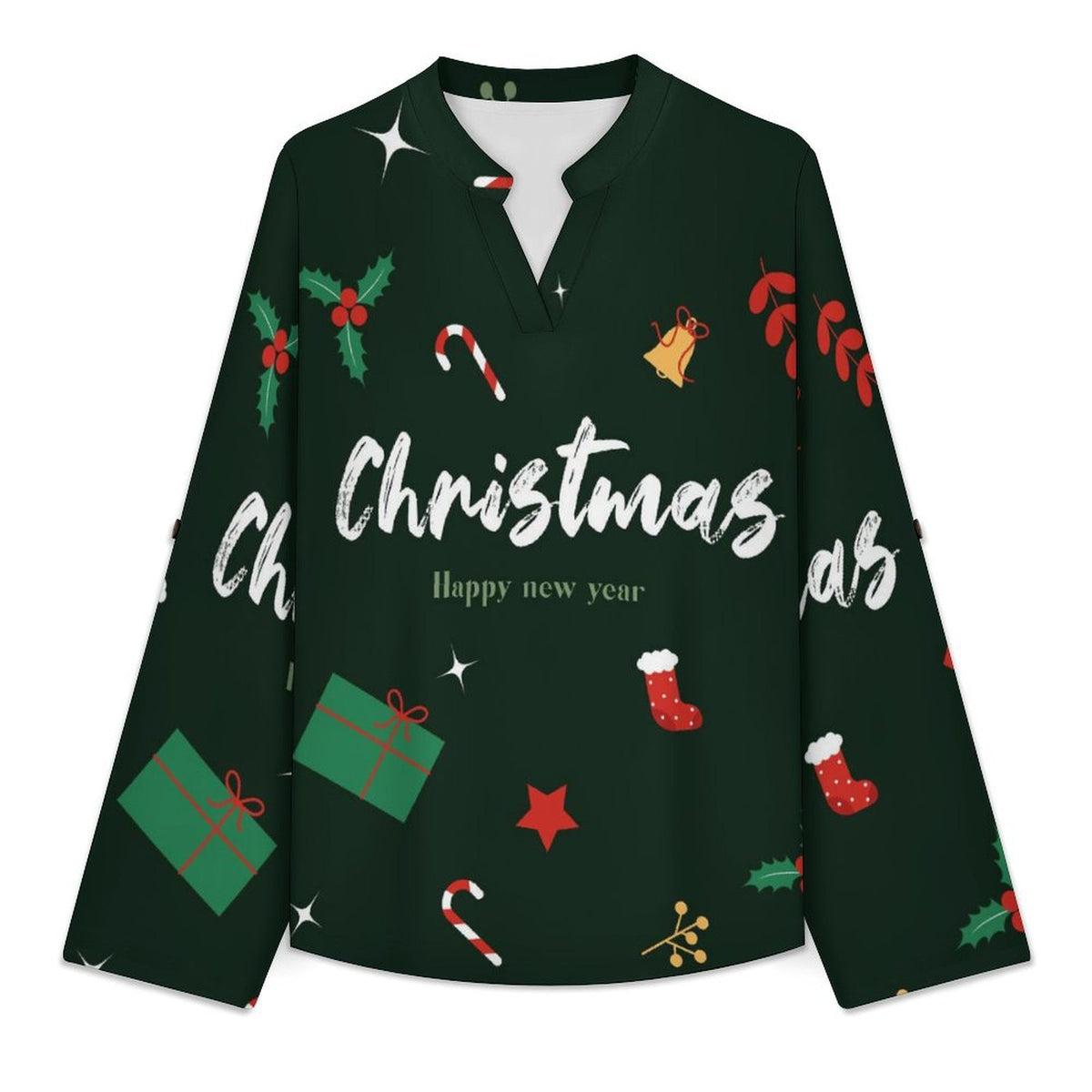 Stand-up Collar Long-sleeved Shirt Christmas Slogn  Customization Women’s V-Neck Blouses,long Sleeve,Roll-Up Sleeve Shirt