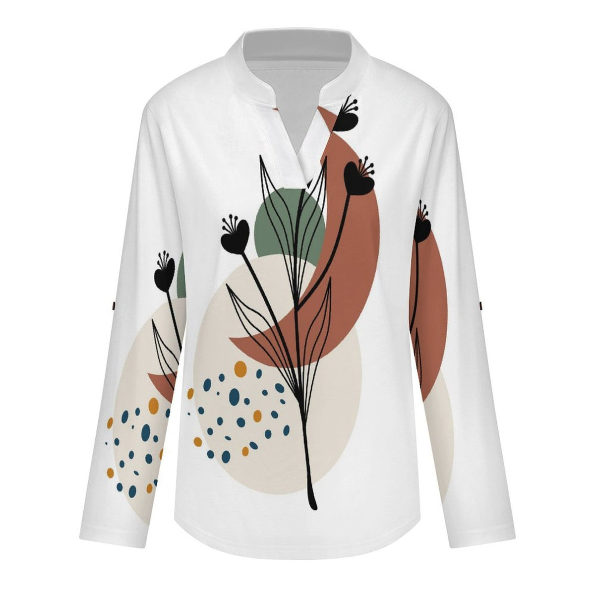 Stand-up Collar Long-sleeved Shirt Chinese Wind Scenery  Customization Women’s V-Neck Blouses,long Sleeve,Roll-Up Sleeve Shirt