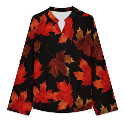 Stand-up Collar Long-sleeved Shirt Leaf Plant Pattern  Customization Women’s V-Neck Blouses,long Sleeve,Roll-Up Sleeve Shirt