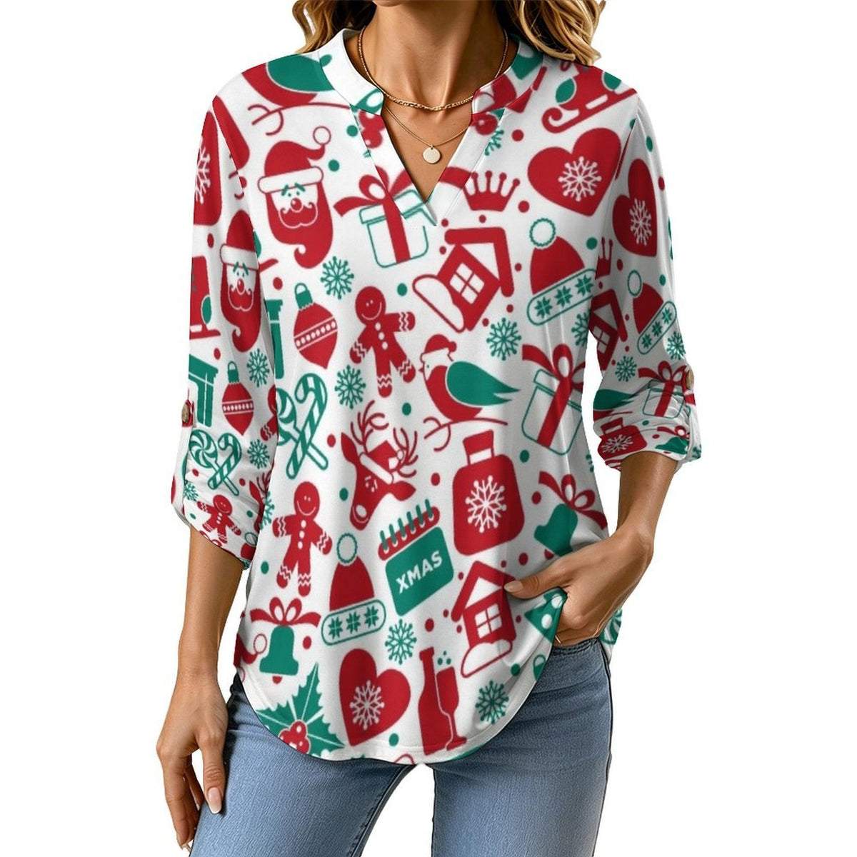 Stand-up Collar Long-sleeved Shirt Christmas Pattern  Customization Women’s V-Neck Blouses,long Sleeve,Roll-Up Sleeve Shirt