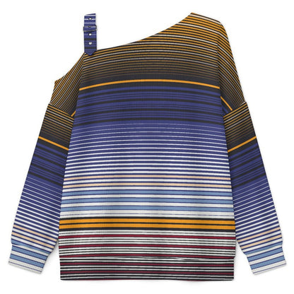 Off-the-shoulder Sweater Fashion Stripe  Asymmetric Cold Shoulder Knit Sweater for Women, Adjustable Buckle Strap Long Sleeve Casual Slouchy Pullover