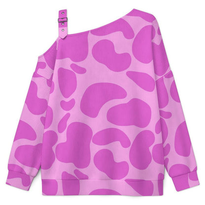 Off-the-shoulder Sweater Pattern-Cow-pink-Repeat  Asymmetric Cold Shoulder Knit Sweater for Women, Adjustable Buckle Strap Long Sleeve Casual Slouchy Pullover
