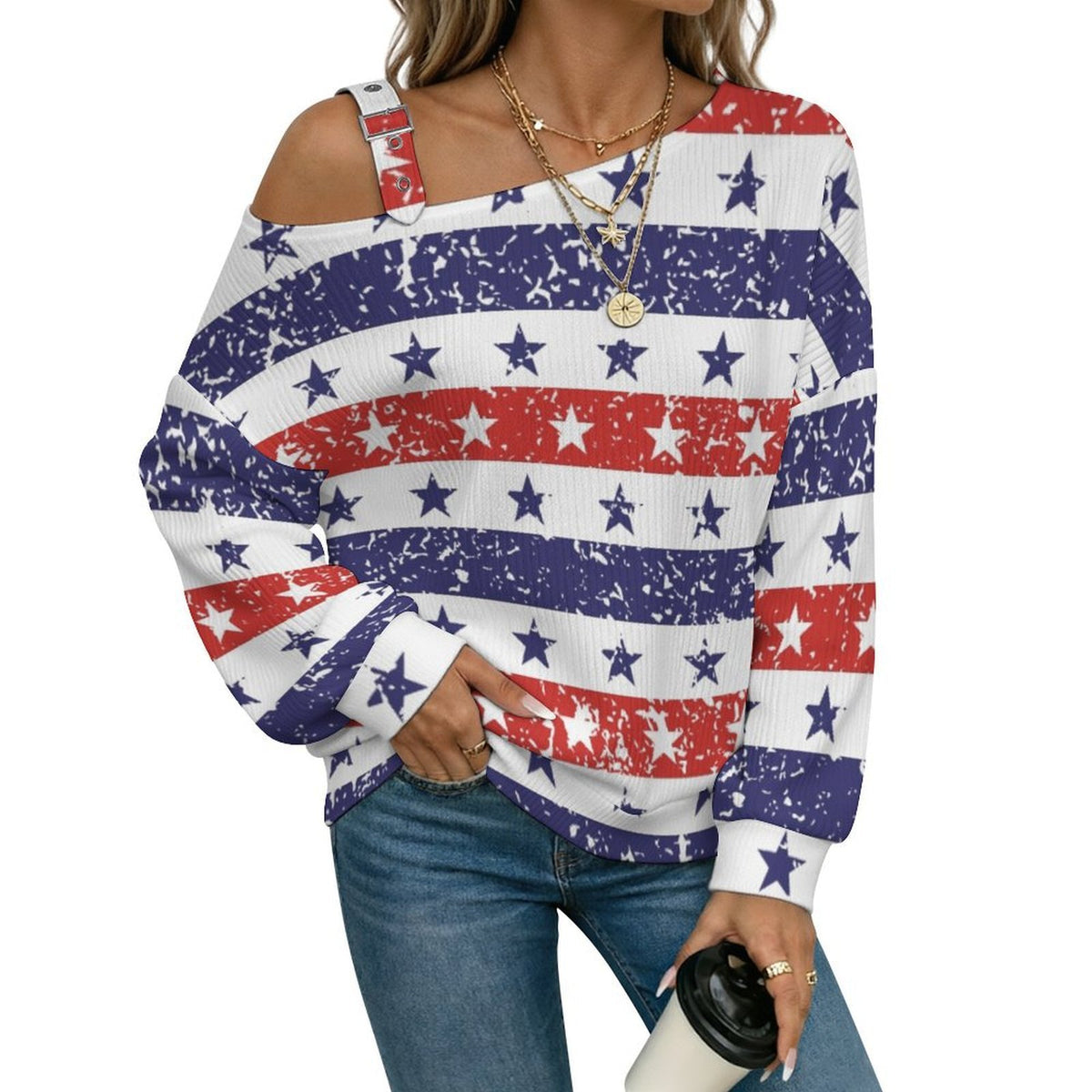 Off-the-shoulder Sweater Stars Stripe  Asymmetric Cold Shoulder Knit Sweater for Women, Adjustable Buckle Strap Long Sleeve Casual Slouchy Pullover