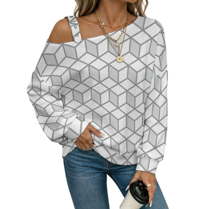 Off-the-shoulder Sweater Geometric Square Graphic Design  Asymmetric Cold Shoulder Knit Sweater for Women, Adjustable Buckle Strap Long Sleeve Casual Slouchy Pullover
