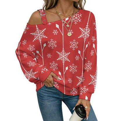 Off-the-shoulder Sweater Snowflake Red Tile Repeat  Asymmetric Cold Shoulder Knit Sweater for Women, Adjustable Buckle Strap Long Sleeve Casual Slouchy Pullover