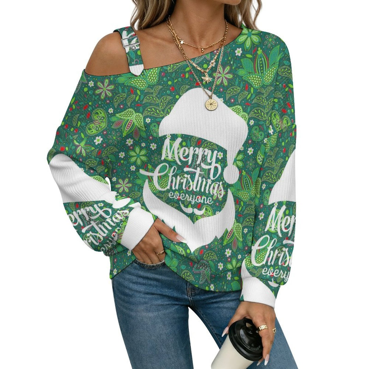 Off-the-shoulder Sweater Merry Christmas Santa Paisley Pattern Green  Asymmetric Cold Shoulder Knit Sweater for Women, Adjustable Buckle Strap Long Sleeve Casual Slouchy Pullover