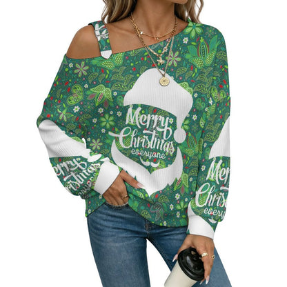 Off-the-shoulder Sweater Merry Christmas Santa Paisley Pattern Green  Asymmetric Cold Shoulder Knit Sweater for Women, Adjustable Buckle Strap Long Sleeve Casual Slouchy Pullover