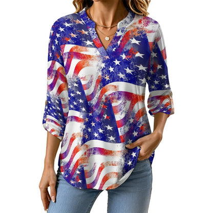 Stand-up Collar Long-sleeved Shirt Many American Flags Intertwined  Customization Women’s V-Neck Blouses,long Sleeve,Roll-Up Sleeve Shirt