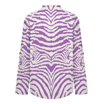 Stand-up Collar Long-sleeved Shirt Zebra Pattern white S Women’s V-Neck Blouses