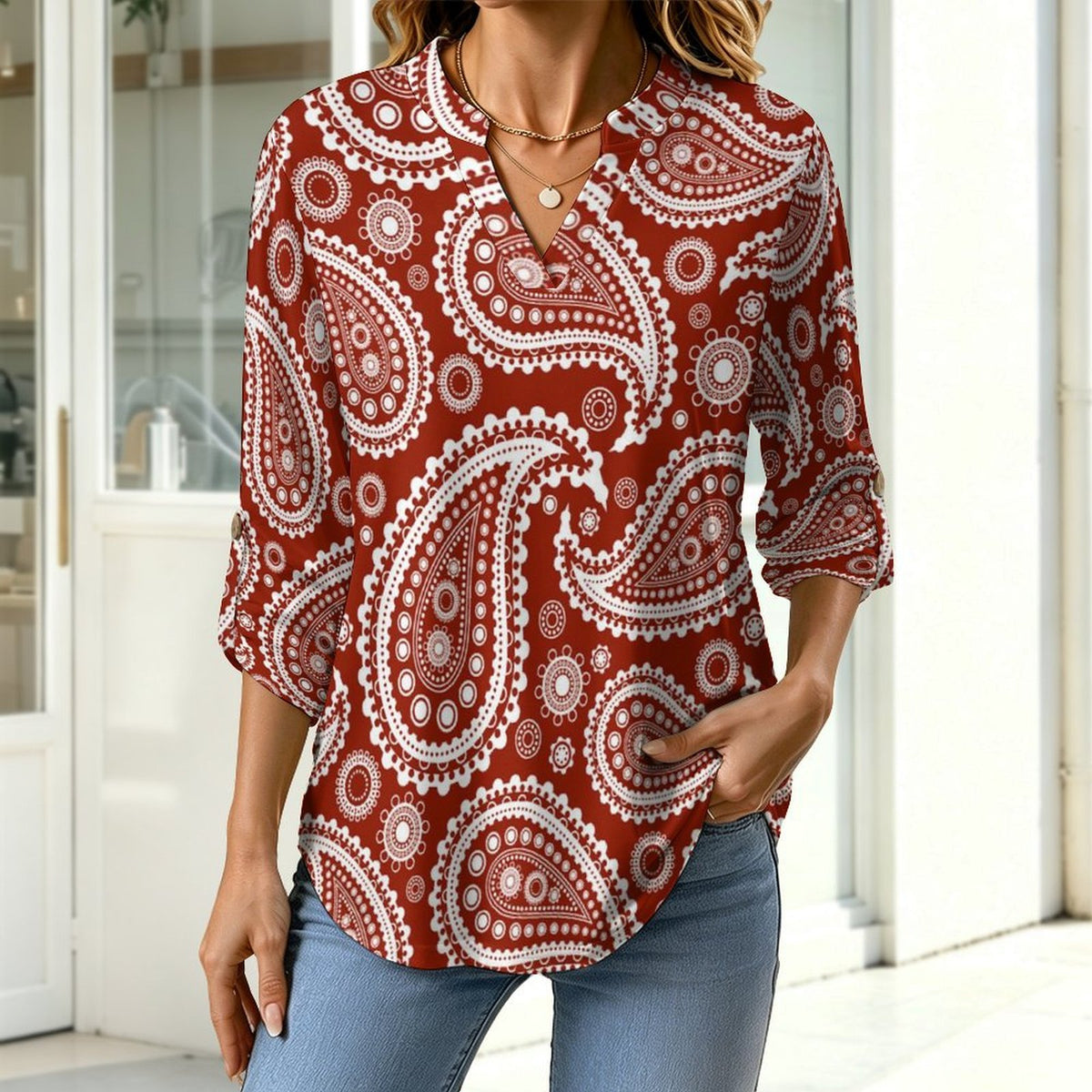 Stand-up Collar Long-sleeved Shirt Paisley  Customization Women’s V-Neck Blouses,long Sleeve,Roll-Up Sleeve Shirt