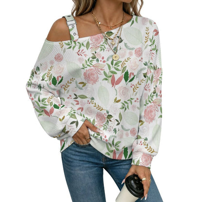 Off-the-shoulder Sweater Pink Roses, Green Leaves  Asymmetric Cold Shoulder Knit Sweater for Women, Adjustable Buckle Strap Long Sleeve Casual Slouchy Pullover