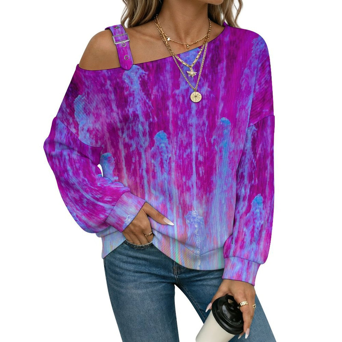 Off-the-shoulder Sweater Purple, Blue Pattern  Asymmetric Cold Shoulder Knit Sweater for Women, Adjustable Buckle Strap Long Sleeve Casual Slouchy Pullover