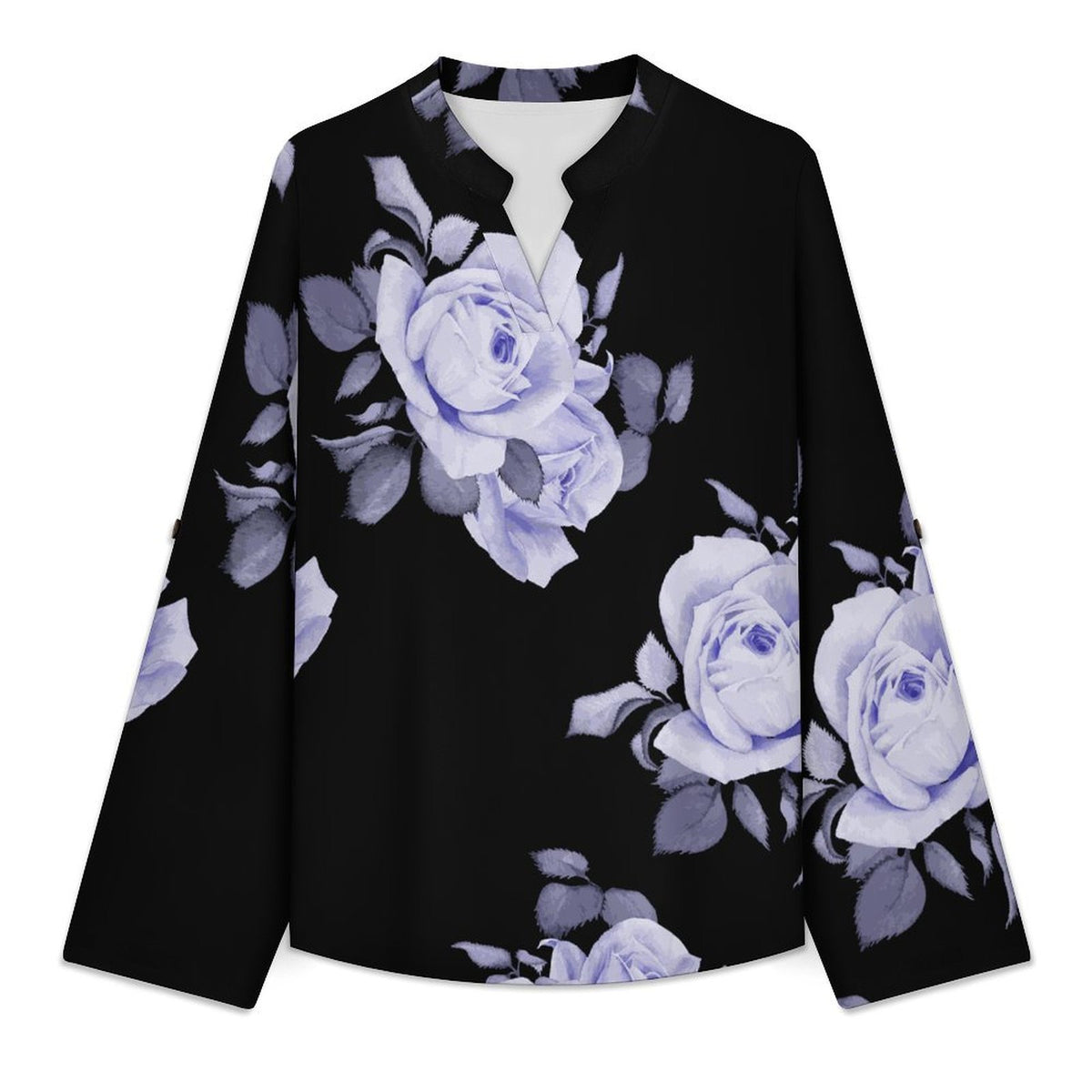 Stand-up Collar Long-sleeved Shirt Rose Repeat Tablecloth Curtain  Customization Women’s V-Neck Blouses,long Sleeve,Roll-Up Sleeve Shirt