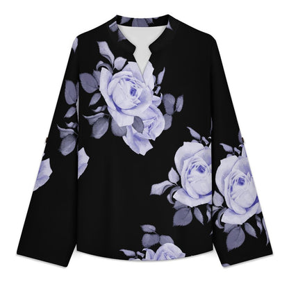 Stand-up Collar Long-sleeved Shirt Rose Repeat Tablecloth Curtain  Customization Women’s V-Neck Blouses,long Sleeve,Roll-Up Sleeve Shirt