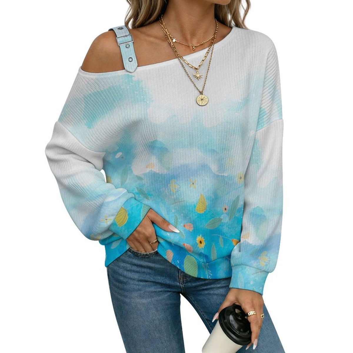 Off-the-shoulder Sweater Gradient. Flowers And Leaves,blue  Asymmetric Cold Shoulder Knit Sweater for Women, Adjustable Buckle Strap Long Sleeve Casual Slouchy Pullover