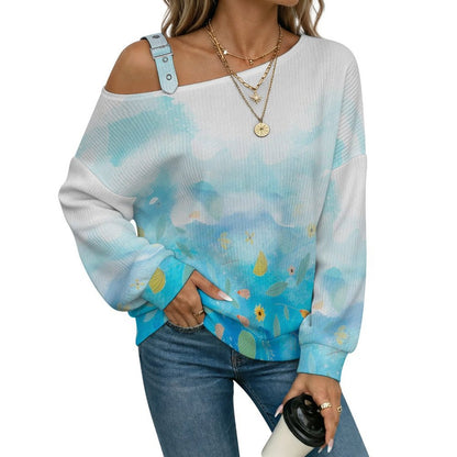 Off-the-shoulder Sweater Gradient. Flowers And Leaves,blue  Asymmetric Cold Shoulder Knit Sweater for Women, Adjustable Buckle Strap Long Sleeve Casual Slouchy Pullover