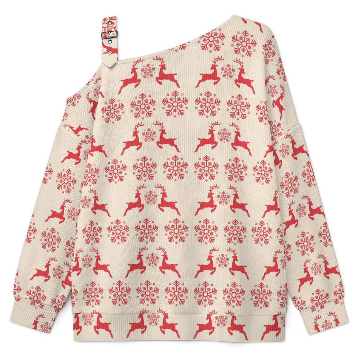 Off-the-shoulder Sweater Christmas-snowflake-reindeer-red-tiled-repeat  Asymmetric Cold Shoulder Knit Sweater for Women, Adjustable Buckle Strap Long Sleeve Casual Slouchy Pullover