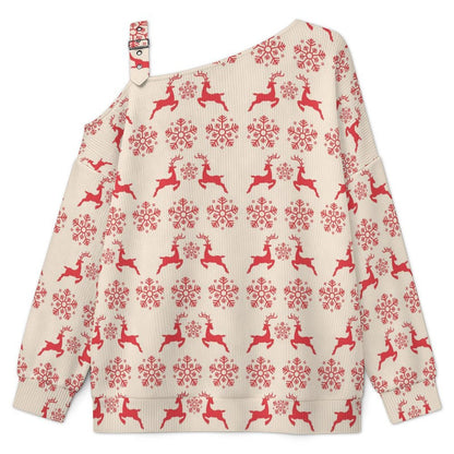 Off-the-shoulder Sweater Christmas-snowflake-reindeer-red-tiled-repeat  Asymmetric Cold Shoulder Knit Sweater for Women, Adjustable Buckle Strap Long Sleeve Casual Slouchy Pullover
