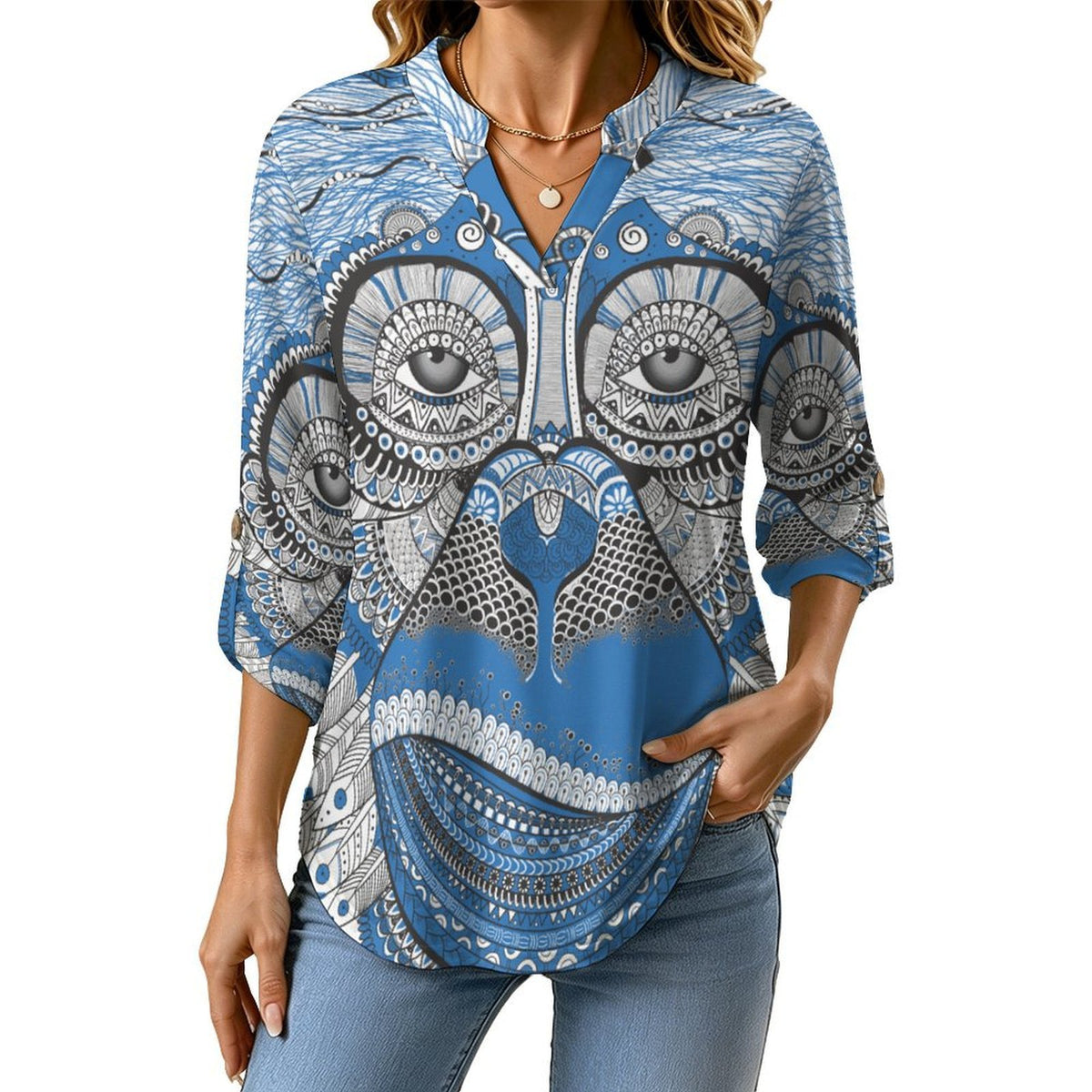 Stand-up Collar Long-sleeved Shirt Blue, Monkey  Customization Women’s V-Neck Blouses,long Sleeve,Roll-Up Sleeve Shirt