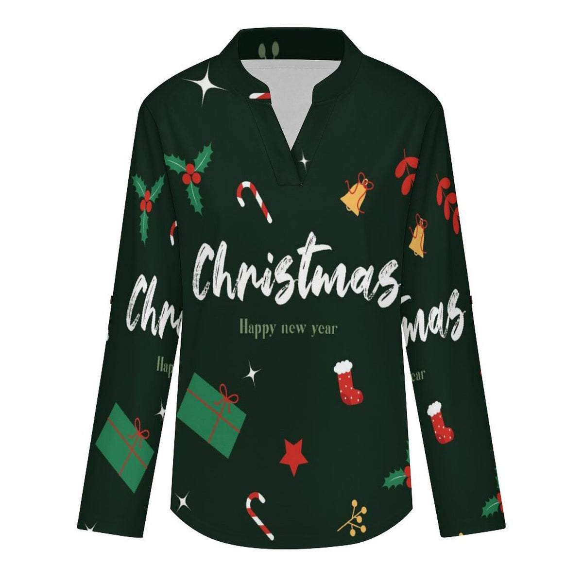 Stand-up Collar Long-sleeved Shirt Christmas Slogn  Customization Women’s V-Neck Blouses,long Sleeve,Roll-Up Sleeve Shirt