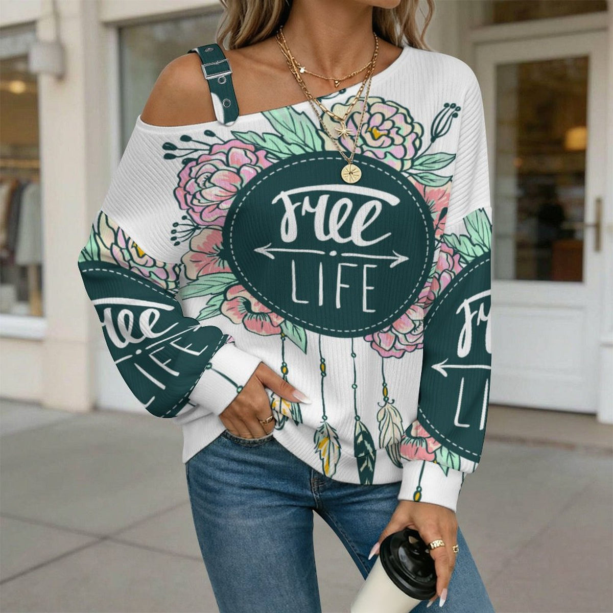 Off-the-shoulder Sweater Free Life  Asymmetric Cold Shoulder Knit Sweater for Women, Adjustable Buckle Strap Long Sleeve Casual Slouchy Pullover