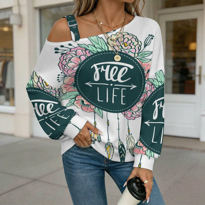 Off-the-shoulder Sweater Free Life  Asymmetric Cold Shoulder Knit Sweater for Women, Adjustable Buckle Strap Long Sleeve Casual Slouchy Pullover